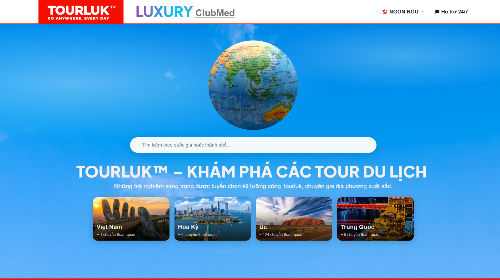 Giao diện trang chủ nền tảng đặt tour du lịch trực tuyến Tourluk uy tín, chất lượng với thanh tìm kiếm thông minh và danh sách tour quốc tế đa dạng.