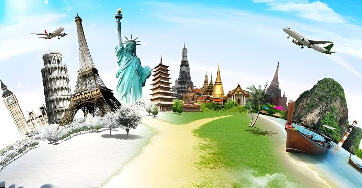 Hình ảnh đồ họa các địa điểm du lịch quốc tế nổi tiếng trên thế giới như Tháp Eiffel, Tượng Nữ Thần Tự Do, tháp Pisa và bãi biển nhiệt đới.