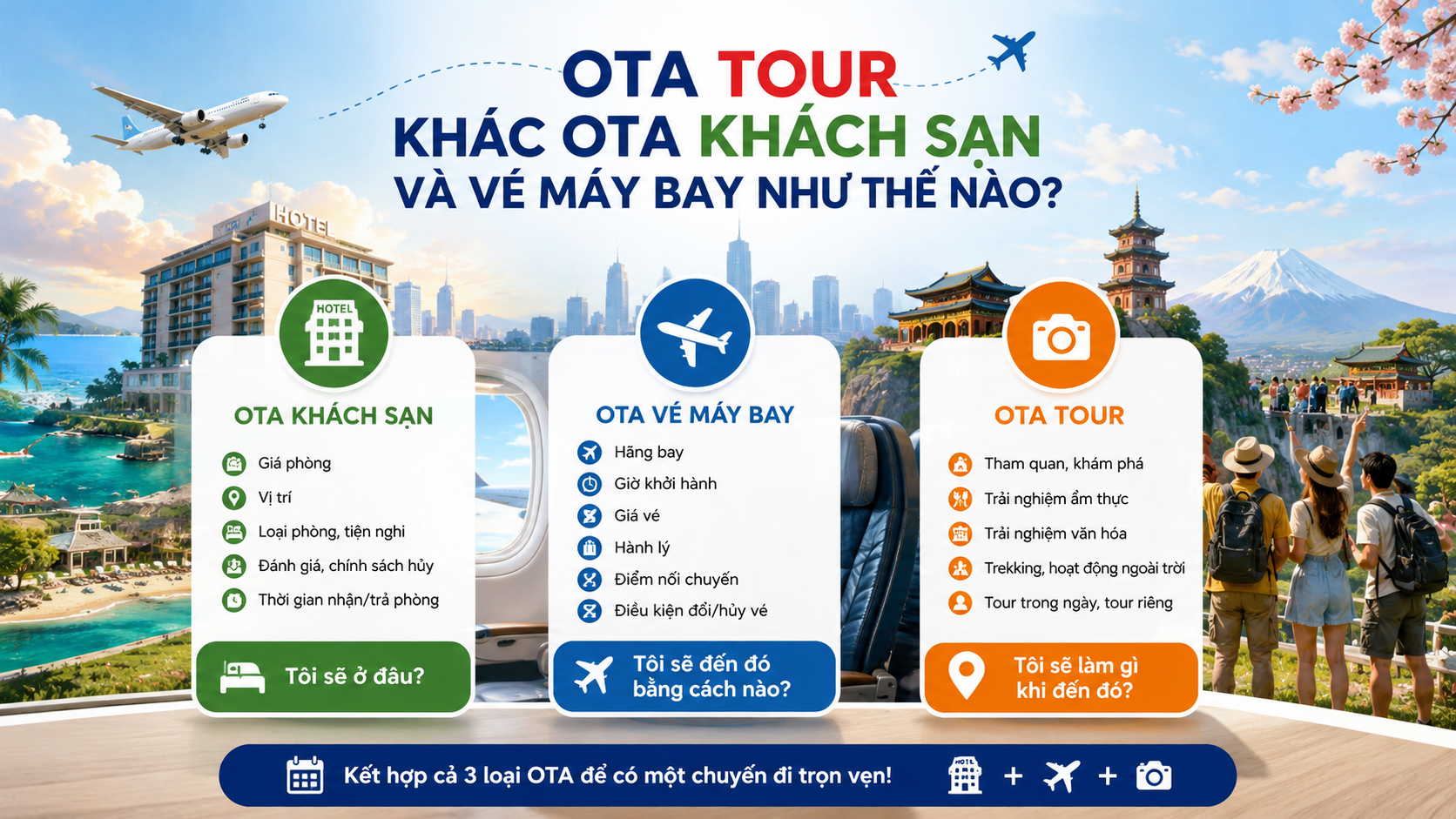 OTA tour khác OTA khách sạn và vé máy bay, infographic so sánh các loại OTA du lịch