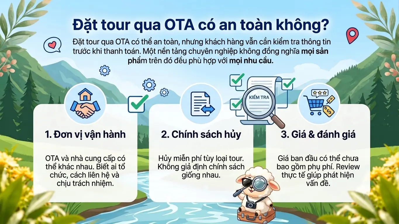 hướng dẫn đặt tour qua OTA an toàn gồm lưu ý về đơn vị vận hành, chính sách hủy và giá cả đánh giá