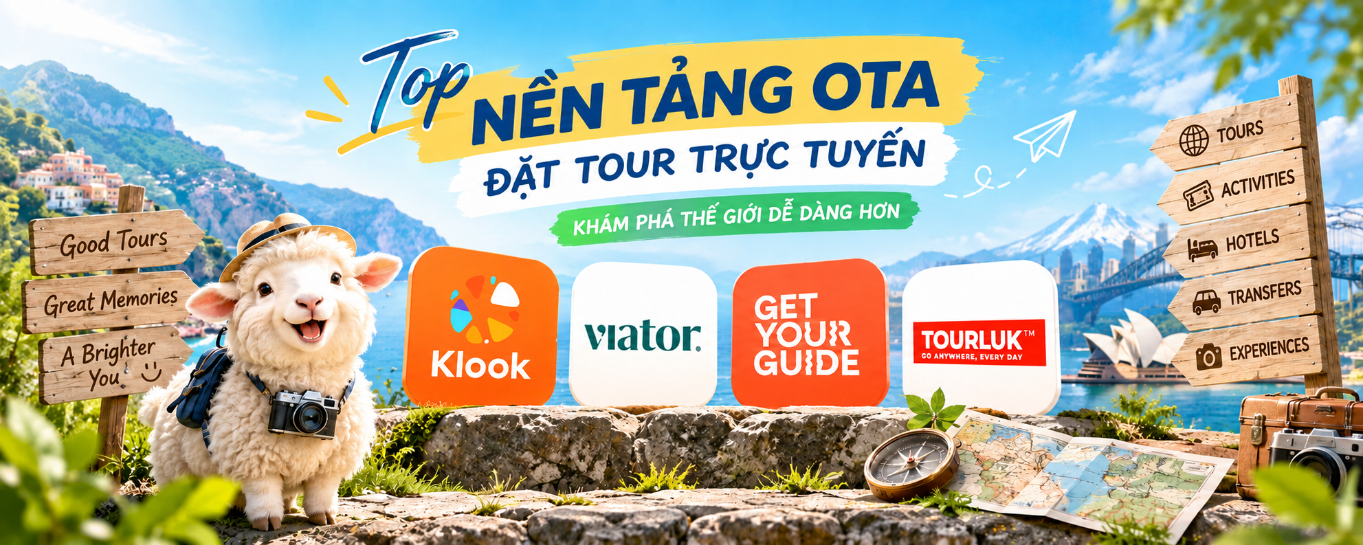 Top OTA Tour Ở Việt Nam tổng hợp các nền tảng đặt tour trực tuyến uy tín kết hợp hình ảnh chú cừu đặc trưng của Đồi cừu Suối Nghệ và các ứng dụng du lịch quốc tế.