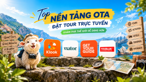 Ảnh đại diện blog tổng hợp Top nền tảng OTA đặt tour trực tuyến nổi bật với chú cừu du lịch đại diện cho Đồi cừu Suối Nghệ cùng các ứng dụng Klook, Viator, GetYourGuide và Tourluk.